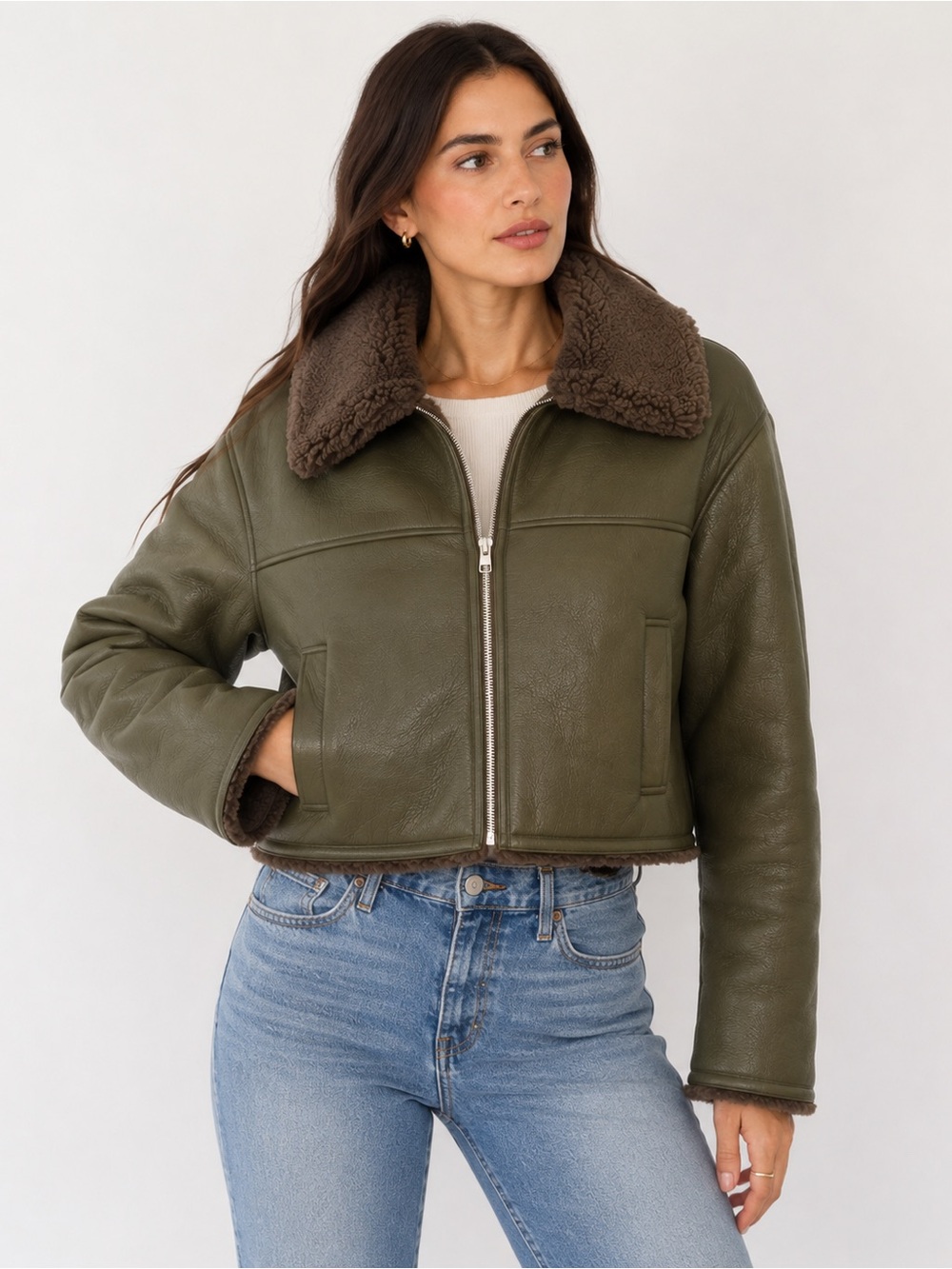 NWT Ultra Flirt Olive Green Faux Leather Sherpa Lined Cropped Bomber Jacket XL